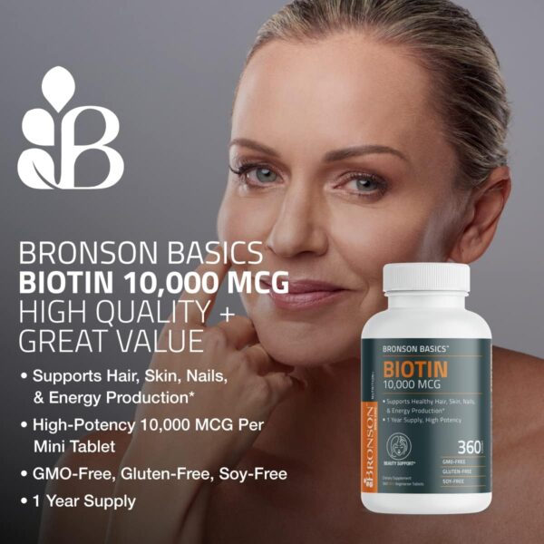 Bronson Biotin 10,000 MCG Supports Healthy Hair, Skin & Nails & Energy Production - High Potency Beauty Support - Non-GMO, 360 Vegetarian Tablets - Image 6