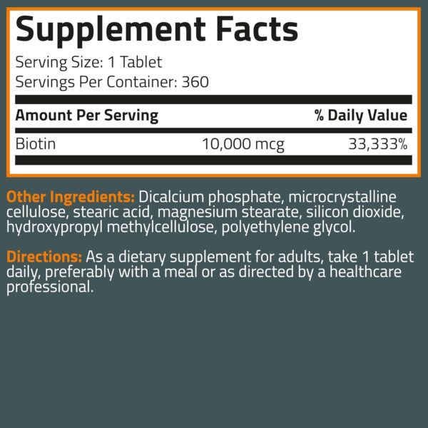 Bronson Biotin 10,000 MCG Supports Healthy Hair, Skin & Nails & Energy Production - High Potency Beauty Support - Non-GMO, 360 Vegetarian Tablets - Image 2