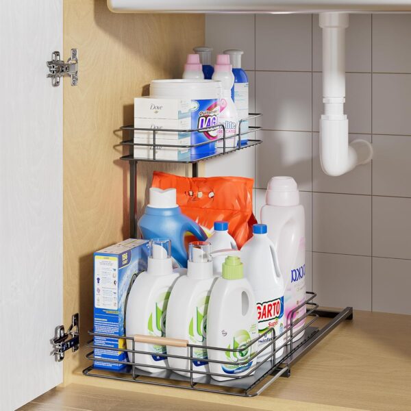 LAMU Under Sink Organizers and Storage, 2 Tier Bathroom Kitchen Cabinet Organizers and Storage, Pull Out Under Sink Storage Kitchen Shelf Organizer for Under Counter Storage Organizer - Image 3