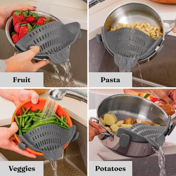 Kitchen Gizmo Snap N' Strain - Silicone Clip-On Colander, Heat Resistant Drainer for Vegetables and Pasta Noodles, Kitchen Gadgets for Bowl, Pots, and Pans - Essential Home Cooking Tools - Grey - Image 2